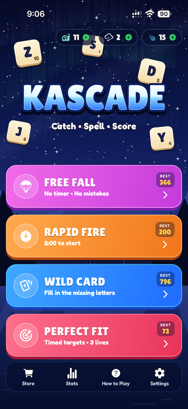 Kascade home screen listing the Free Fall, Rapid Fire, Wild Card and Perfect Fit game modes, each with a best score