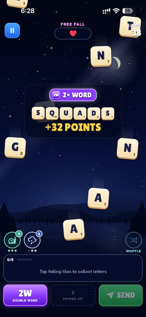 Free Fall mode: the word SQUADS scores 32 points with a double-word bonus while tiles fall through a starry sky