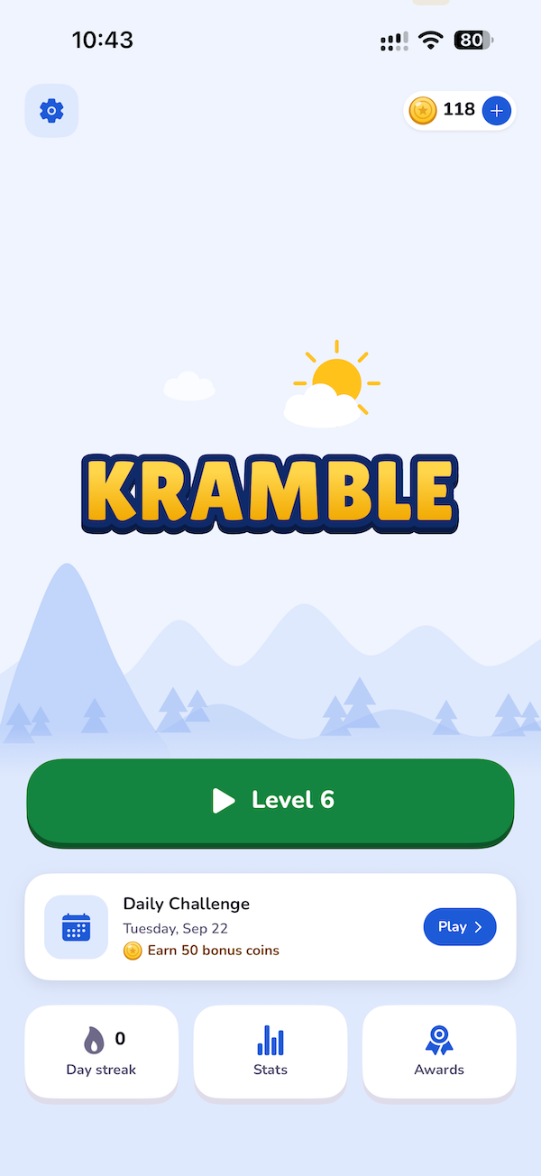 Kramble home screen: a Level 6 play button above the day's Daily Challenge card, with day streak, stats and awards tiles below