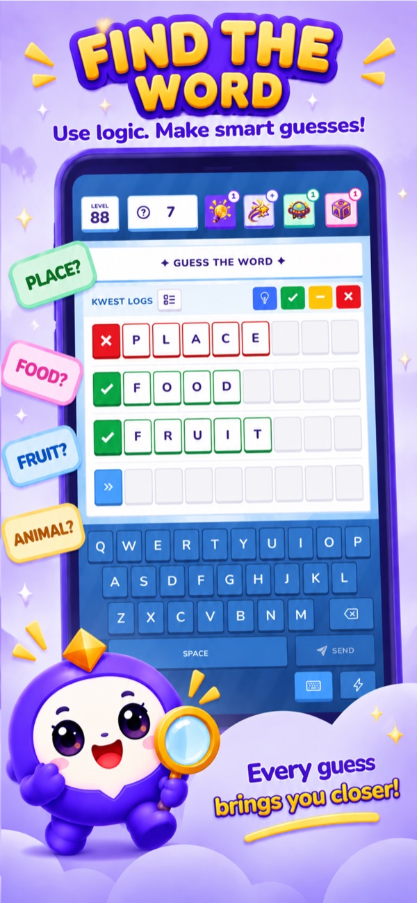 A Kwest puzzle under the caption Find the word: the question log marks PLACE as no and FOOD and FRUIT as yes, above an on-screen keyboard